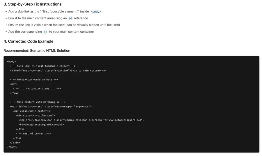AI-generated accessibility fix showing step-by-step instructions and corrected code