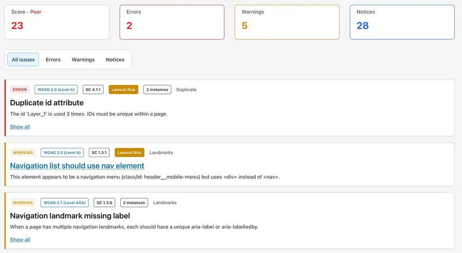 AccessGuard scan results showing accessibility score and issue details